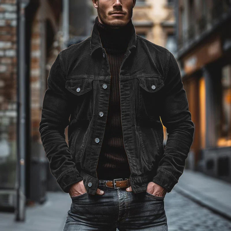 Men's Vintage Corduroy Lapel Single Breasted Multi-Pocket Work Jacket