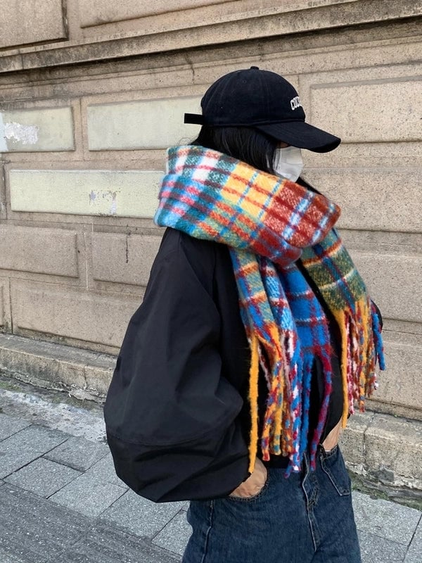 Autumn And Winter Rainbow Plaid Artificial Cashmere Scarf Female Student Couple Mohair Warm Scarf Long Shawl