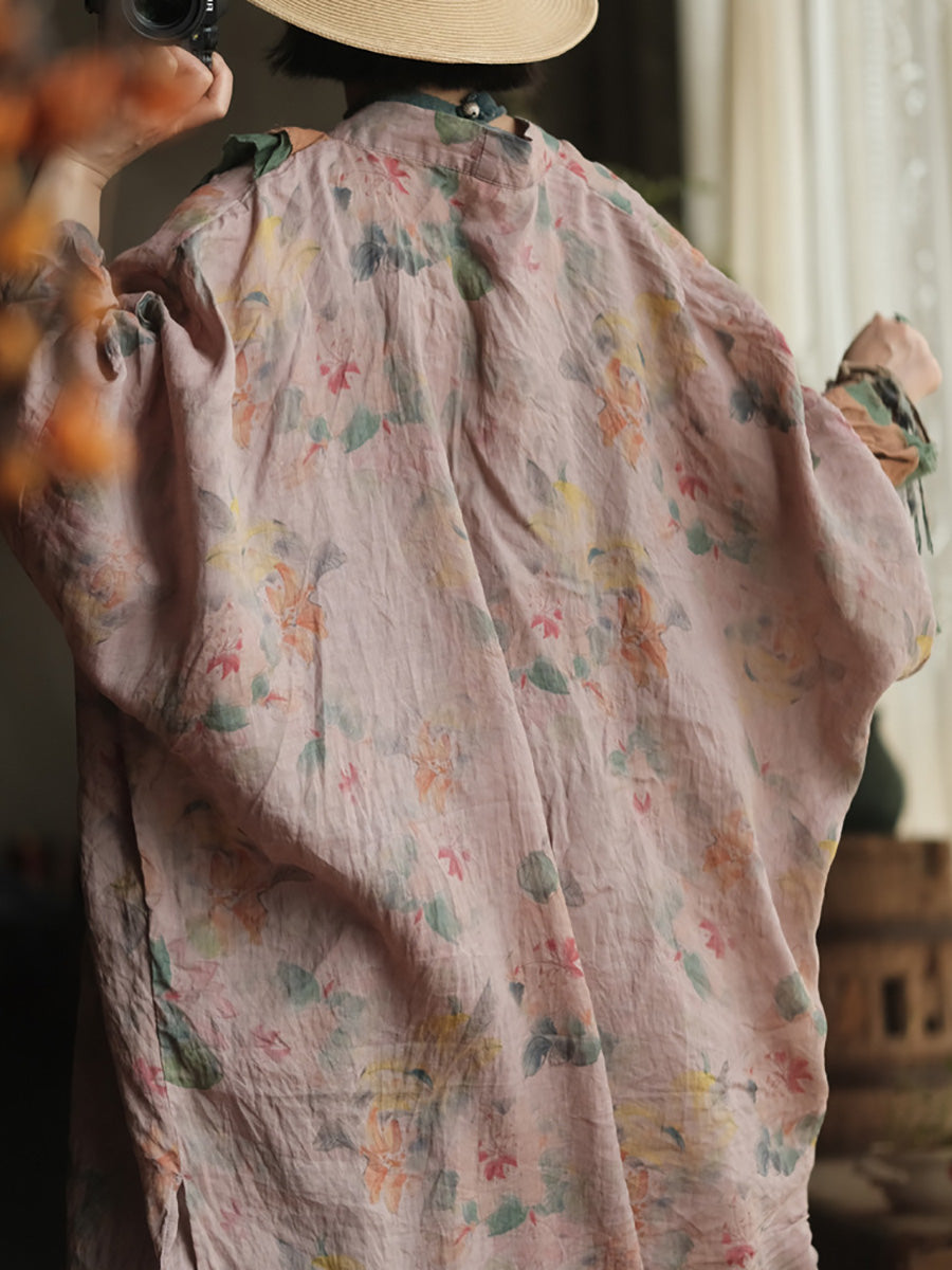 Women Summer Vintage Flower Spliced V-Neck Ramie Shirt Coat