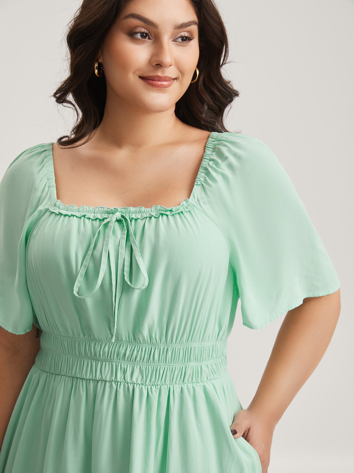 Rayon Stretchy Waist Pockets Knee Dress