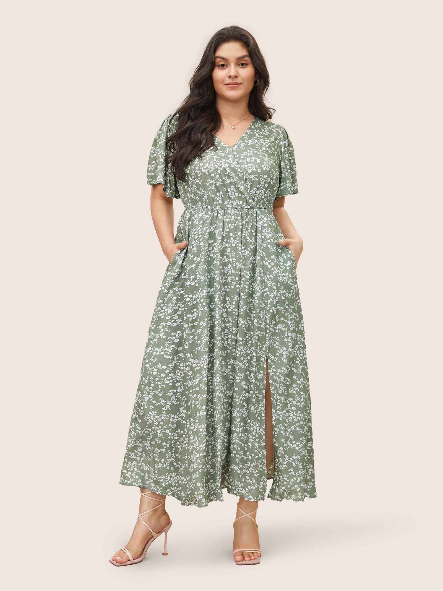 Bloom Dress - Flutter Sleeve Ditsy Floral Bag Split Maxi Dress