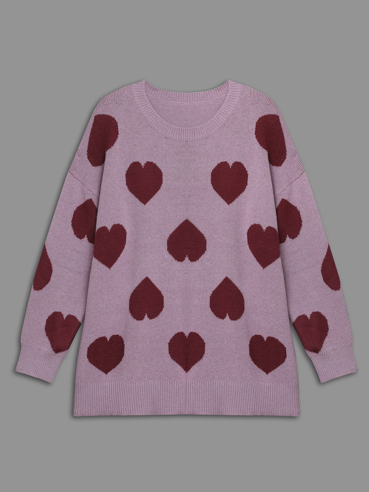 Round Neck Contrast Heart Jacquard Pullover