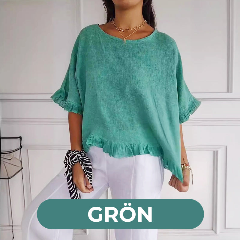 🔥🎁Round Neck Ruffled Hem Mid-sleeve Cotton and Linen Top