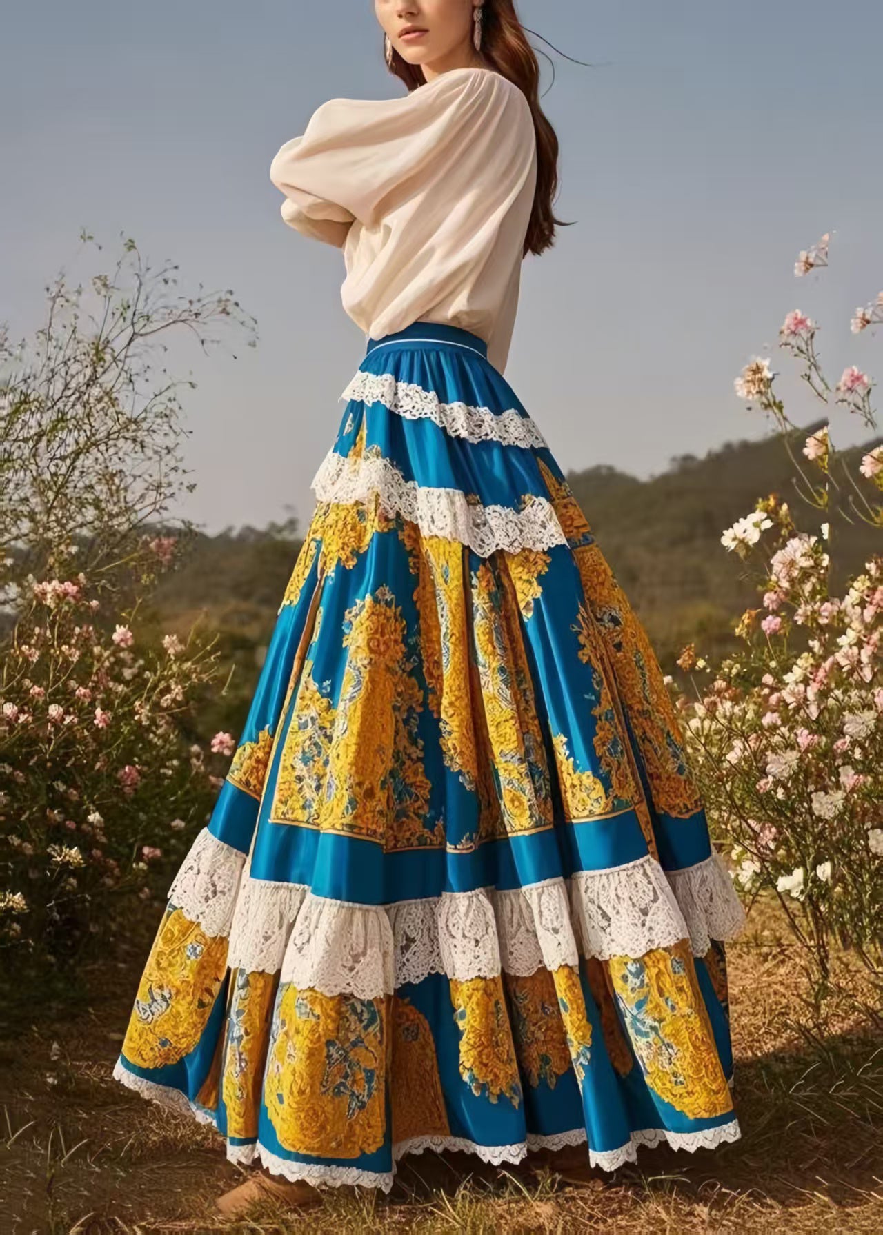 Art Peacock Blue Print Patchwork Lace Exra Large Hem Skirt Spring