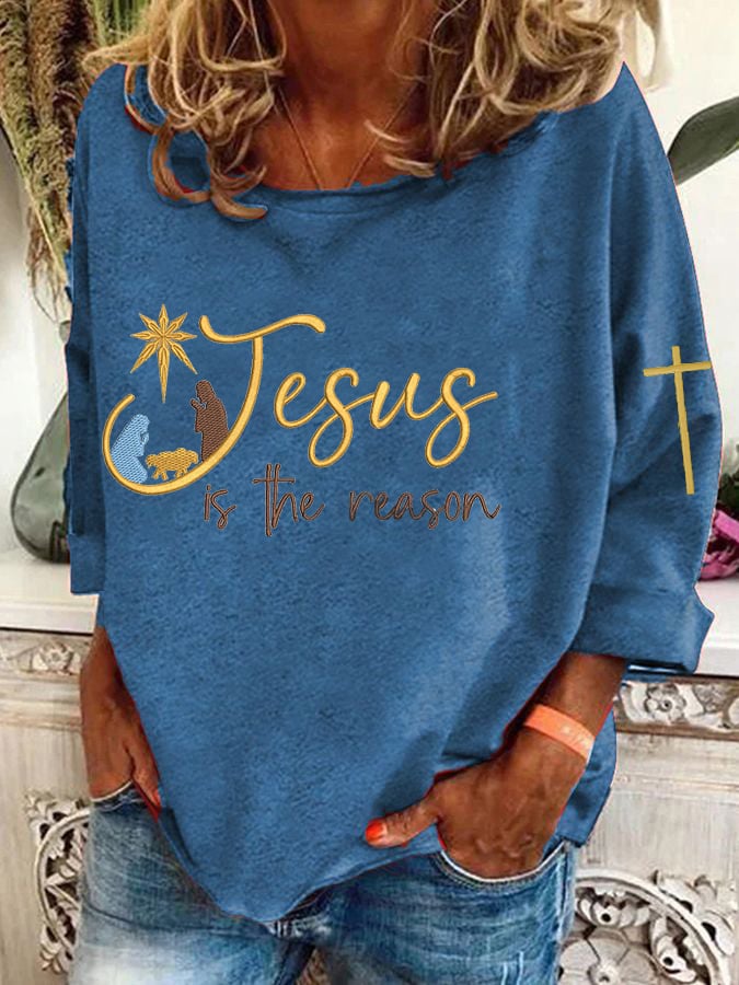 Women's Christmas Religious Jesus Is The Reason Cross Print T-Shirt