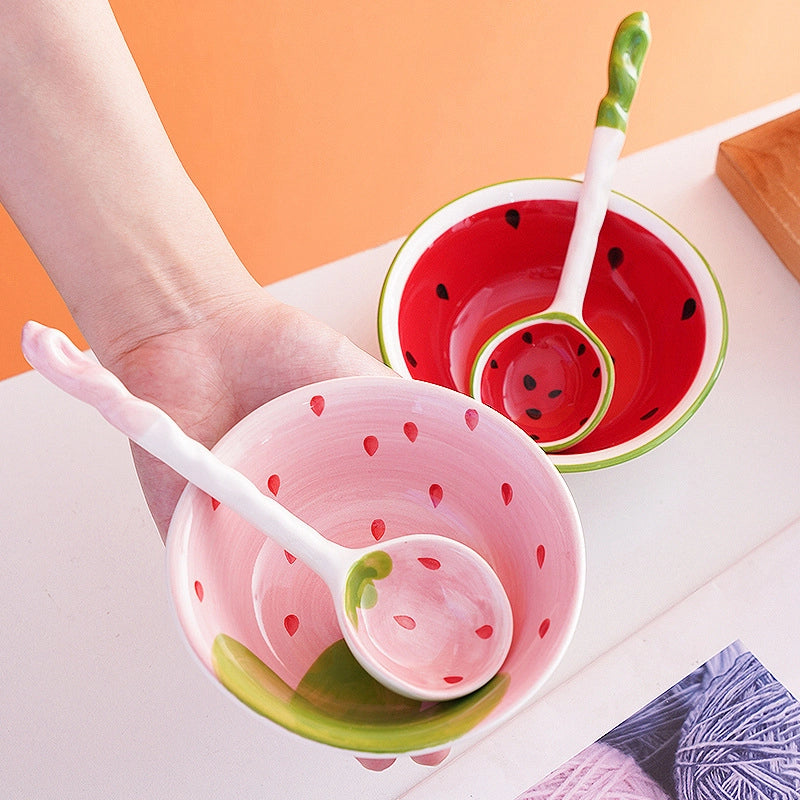 Strawberry Watermelon Cute Ceramic Bowl Long Handle Spoon Tableware Children's Cartoon Rice Bowl Soup Bowl Internet Celebrity Tableware