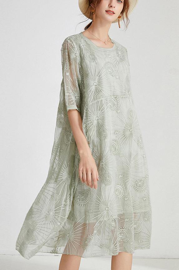 Light Green Embroidery Chiffon Short Sleeve Summer Maxi Dresses