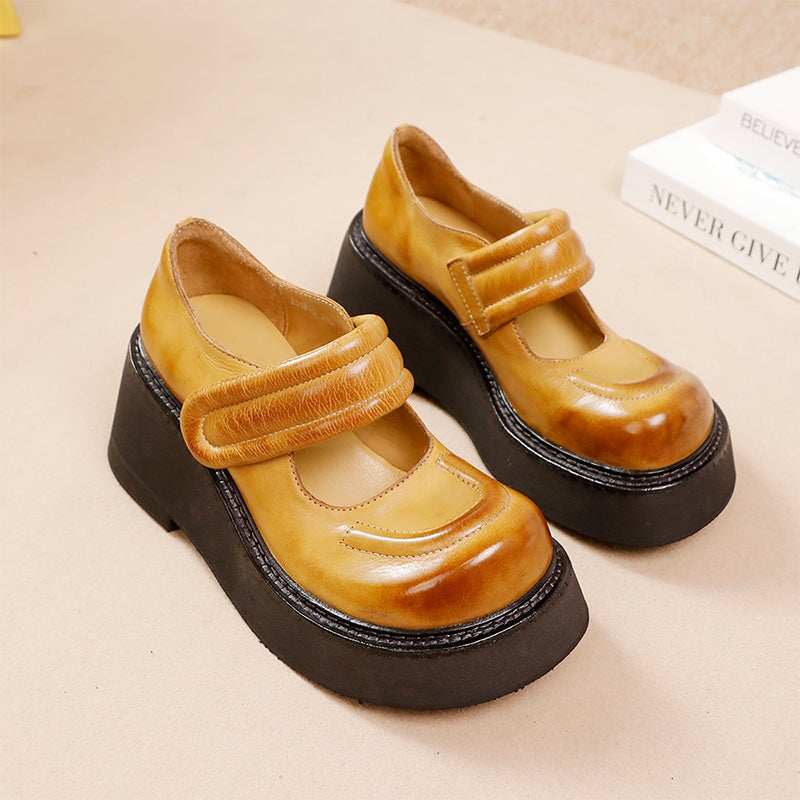 55mm Chunky Heel Vintage Cowhide Platform Mary Jane Shoes in Black/Khaki