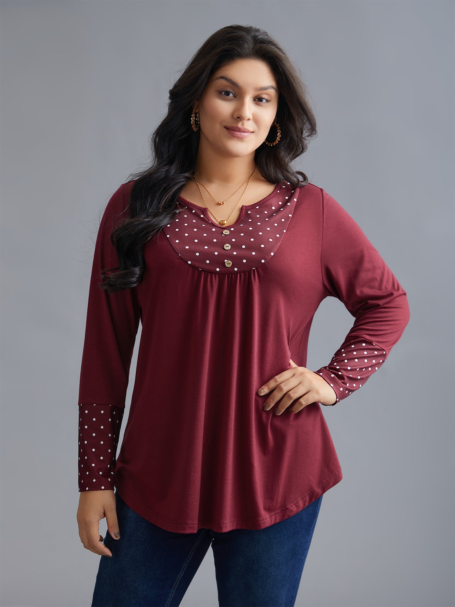 Notched Button Detail Polka Dot Patchwork T-shirt