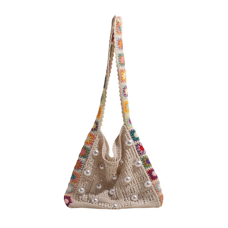 Women's Large Knit Solid Color Flower Basic Classic Style Pearls Weave Open Straw Bag