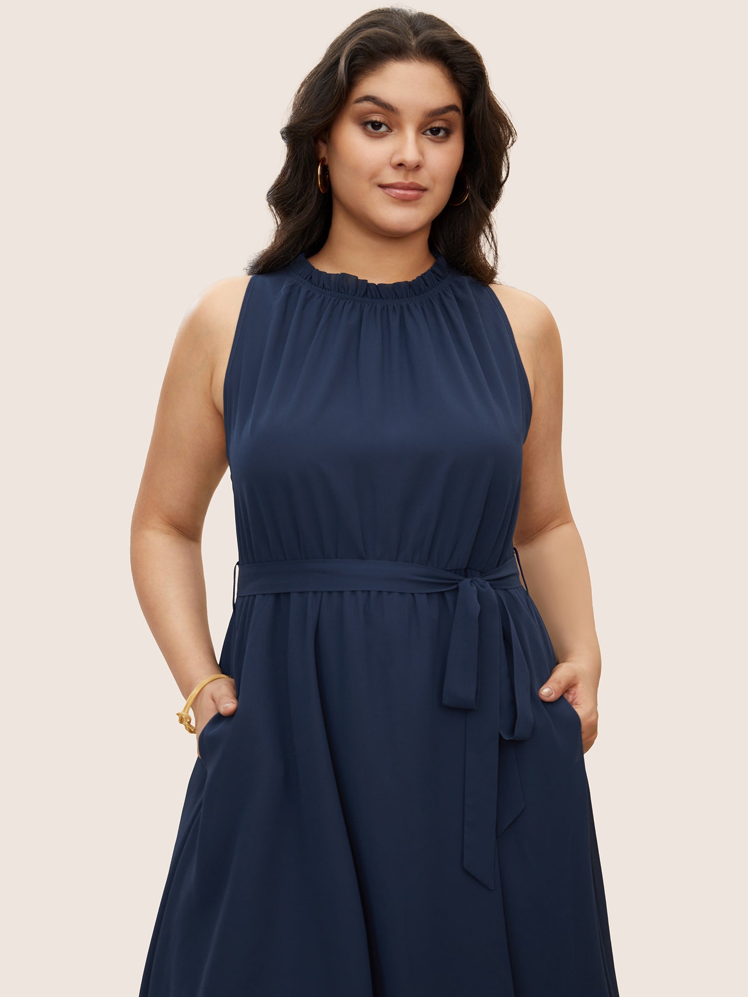 Plain Sleeveless Frill Trim Pocket Belted Mock Neck Dress