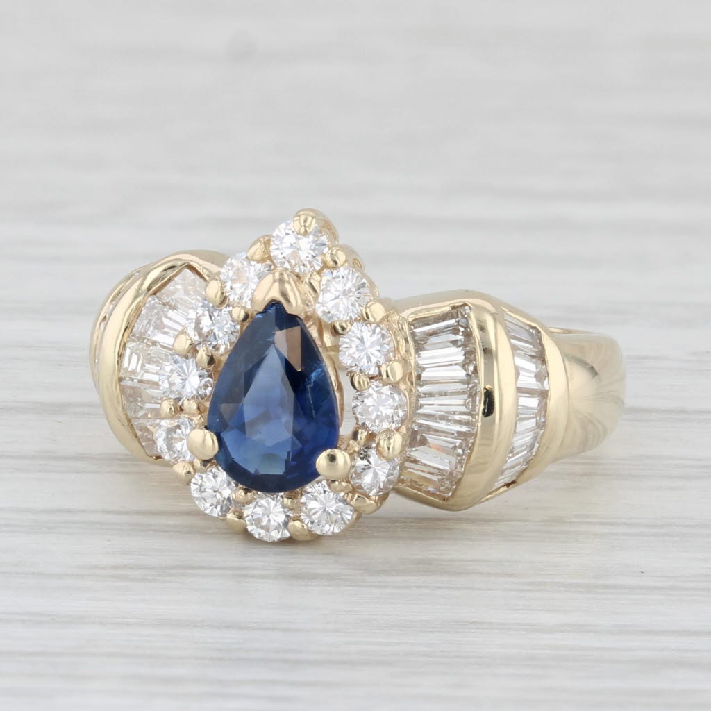 1.61ctw Blue Sapphire Diamond Halo Teardrop Ring 14k Yellow Gold Size 5