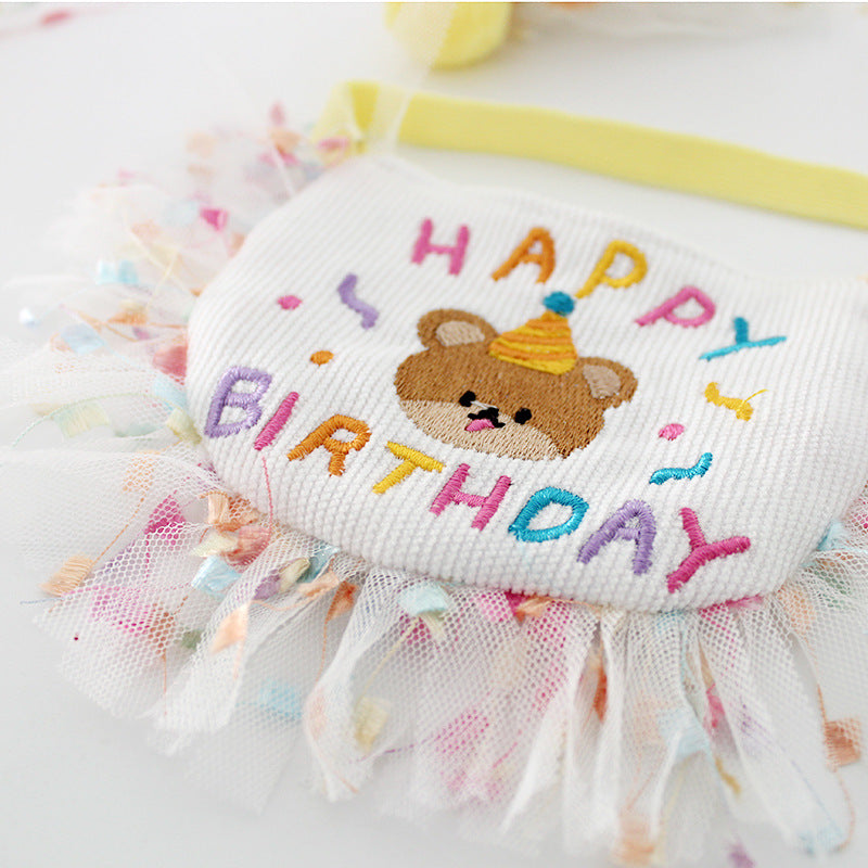 Birthday Bear Printed Dog Cat Bib&Hat Set