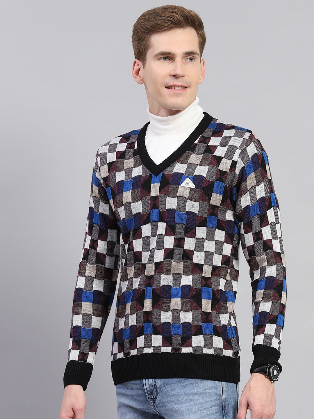 Men Multicolor Check V Neck Full Sleeve Pullover