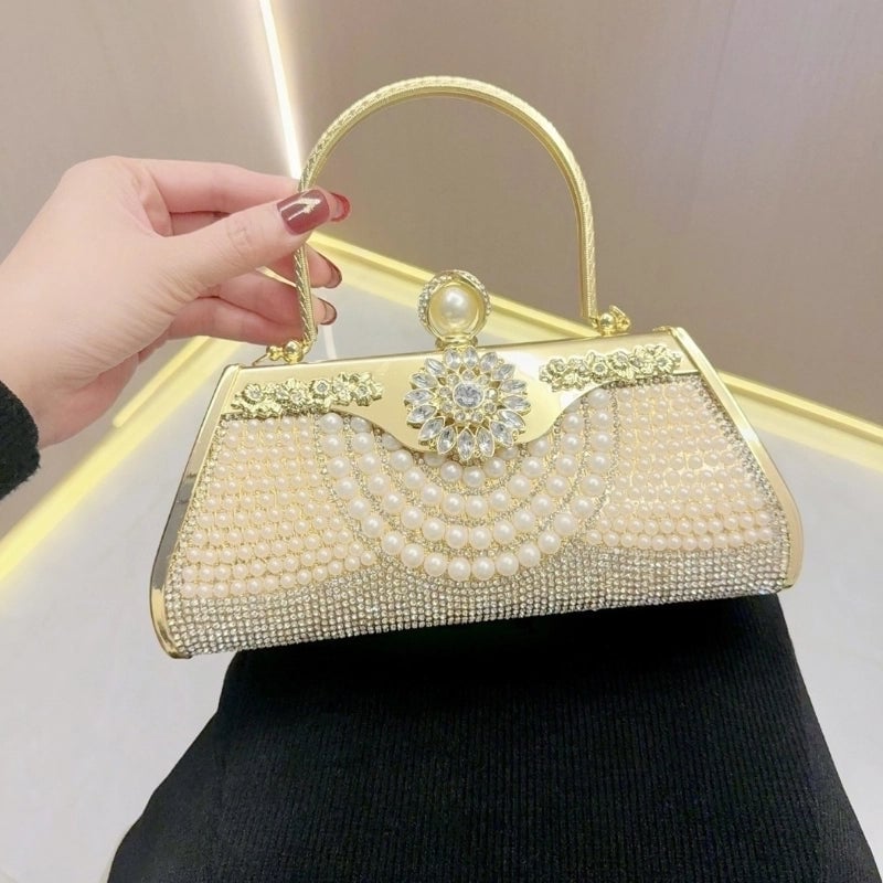 Gold Silver Black Pu Leather Solid Color Pearls Square Evening Bags