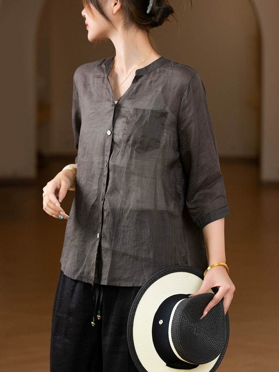 Women Summer Vintage Pure Color V-Neck 100%Ramie Shirt