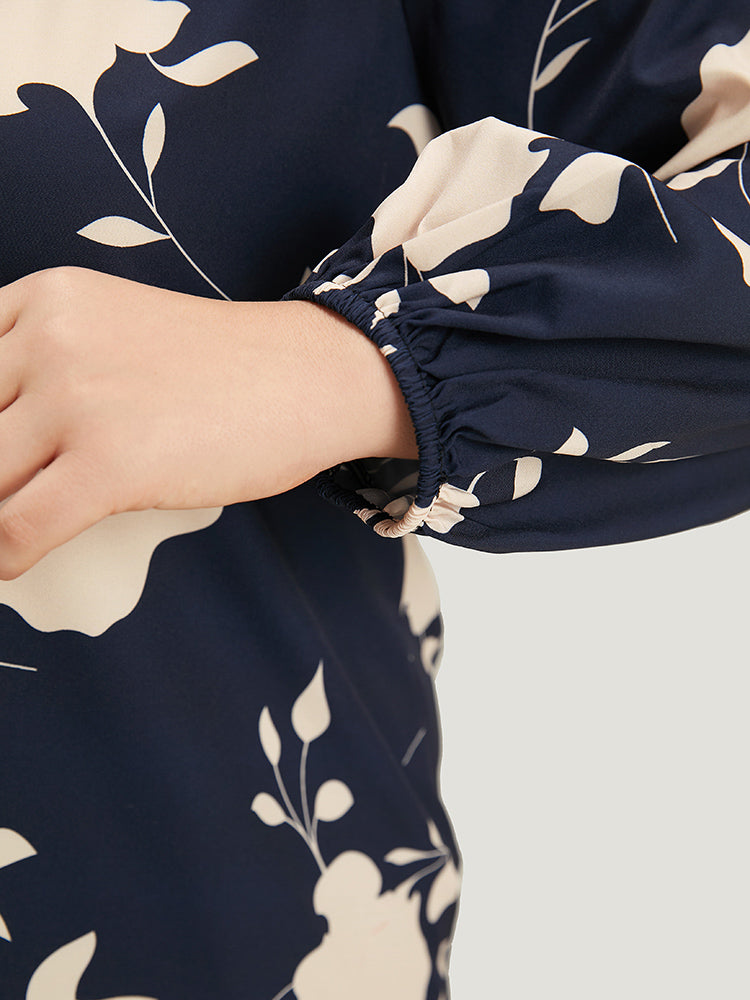 Silhouette Floral Print Stand Collar Tie Neck Blouse