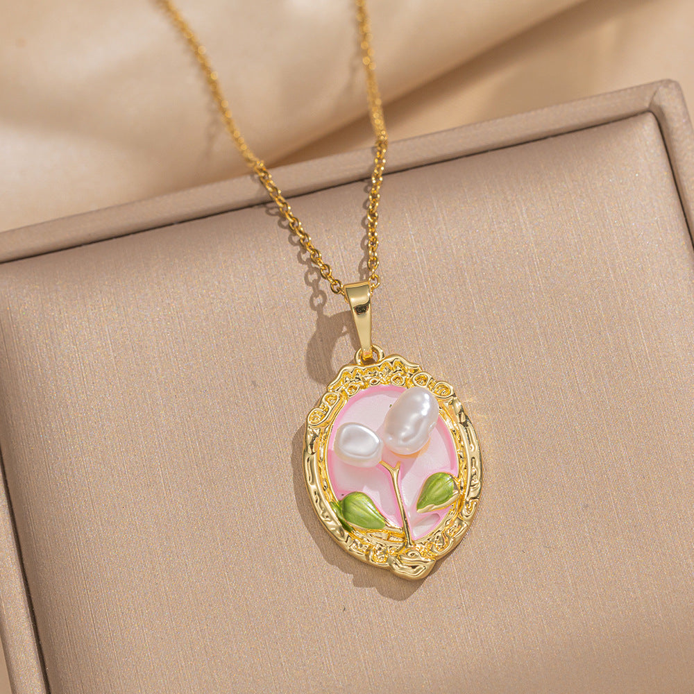 French Retro Oil Drop Baroque Freshwater Pearl Enamel High-Grade Painted Flower Pendant Necklace