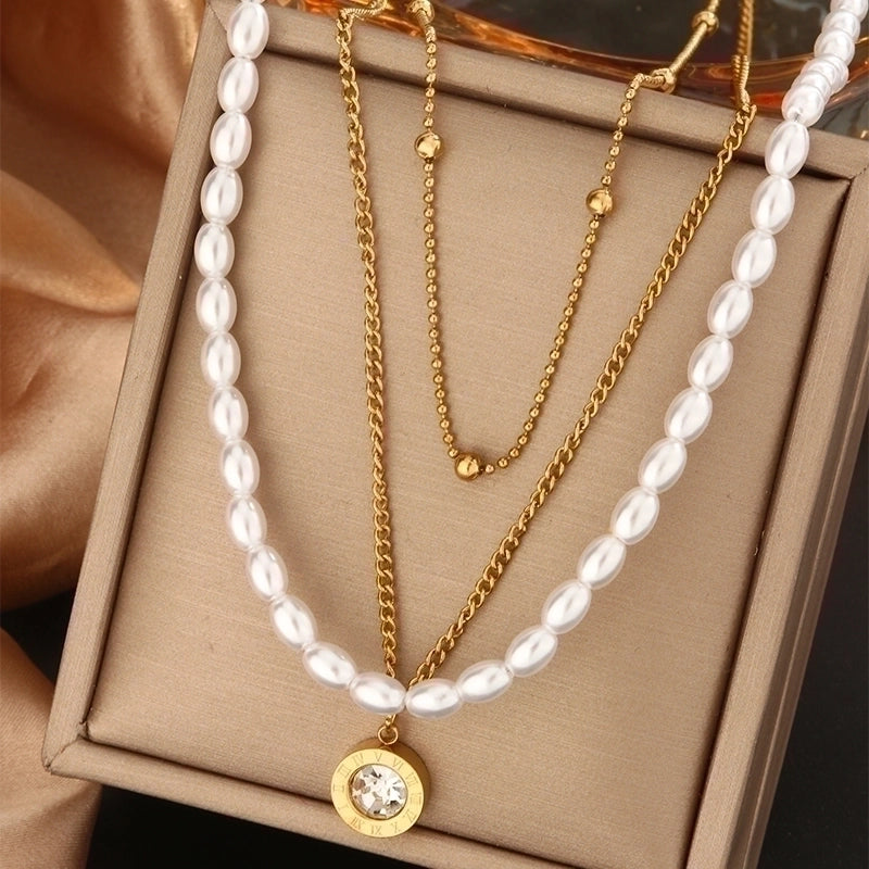 Vintage Style Commute Devil's Eye Heart Shape Lock 304 Stainless Steel Turquoise Rhinestones Pearl 18K Gold Plated Plating Inlay Layered Necklaces