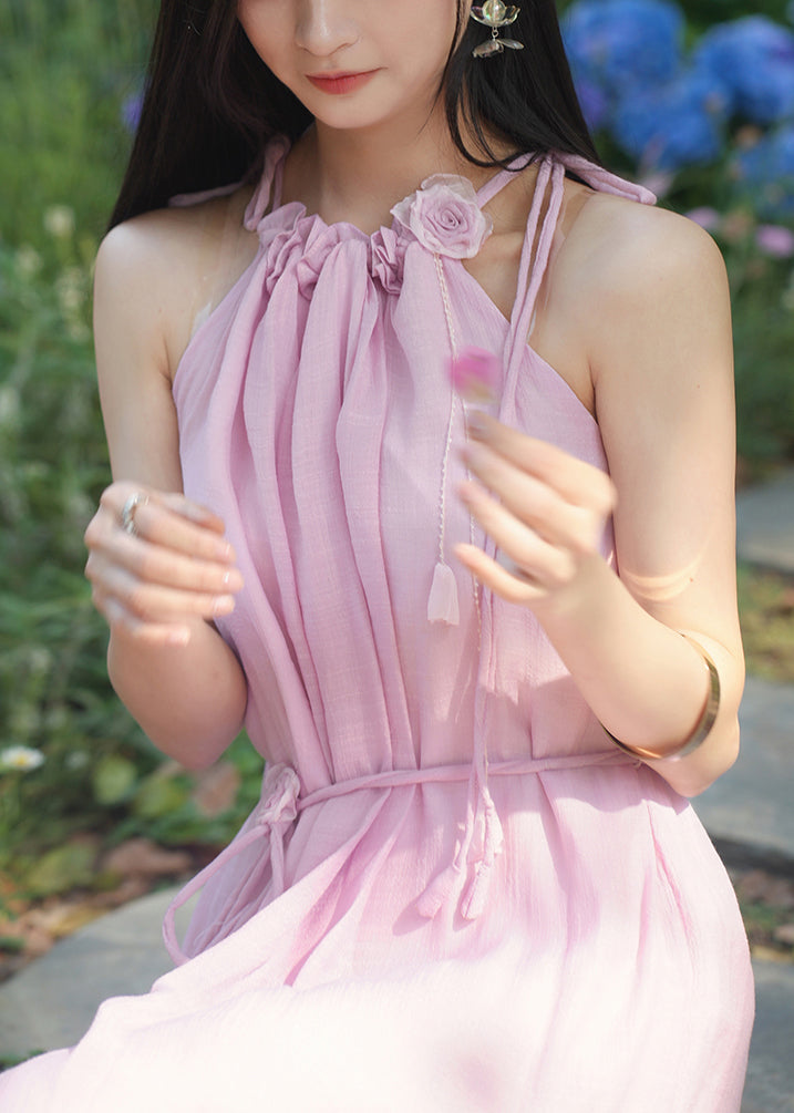 Women Pink Ruffled Lace Up Cotton Long Dress Sleeveless