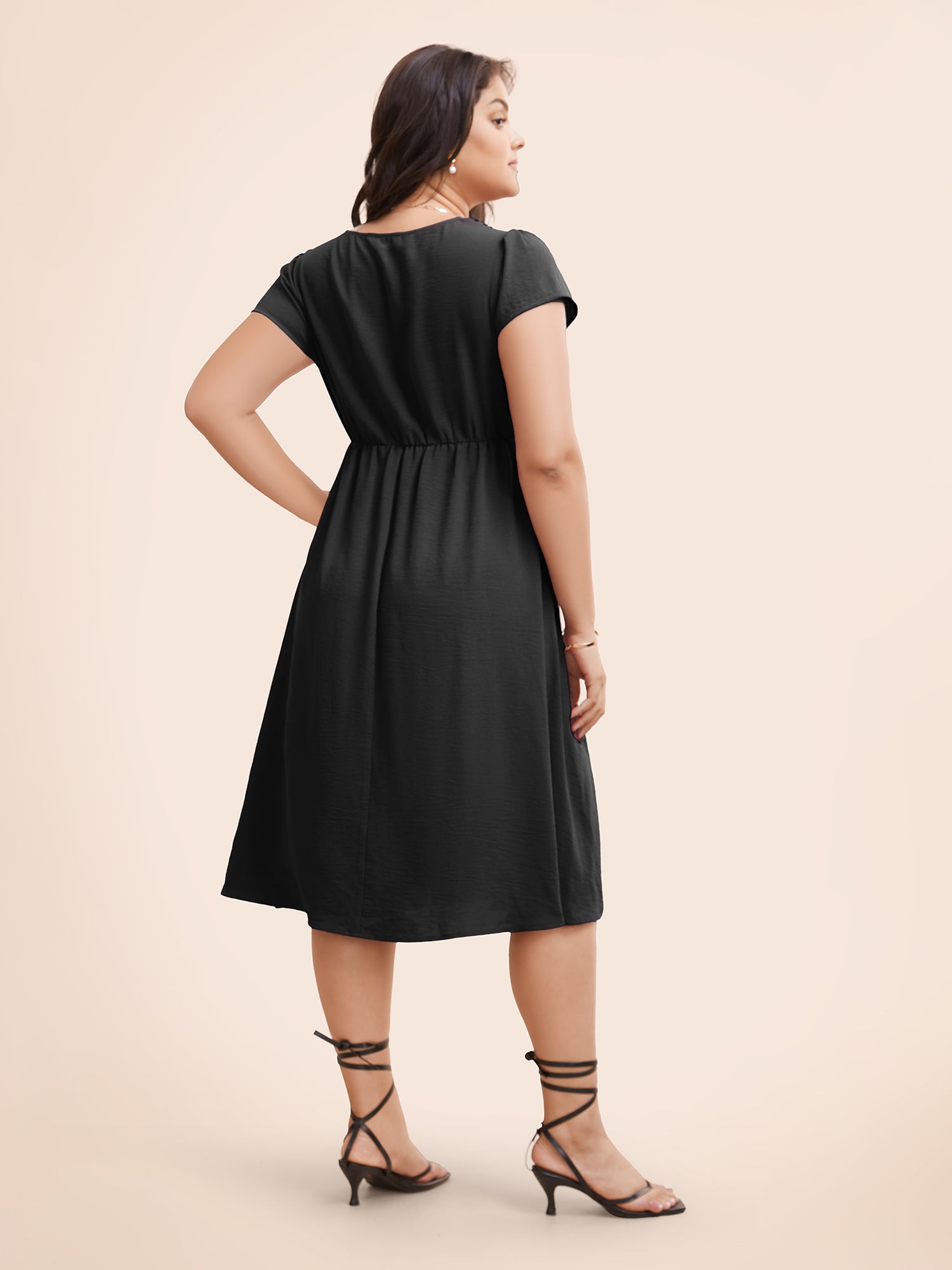 Solid Ruffle Trim V Neck Pocket Pleated Front Dress