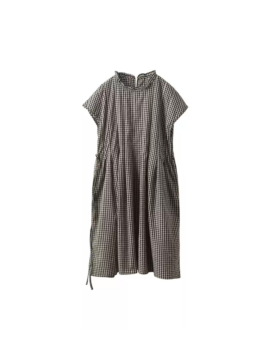 Women Summer Vintage Plaid Stand Collar 100%Cotton Dress