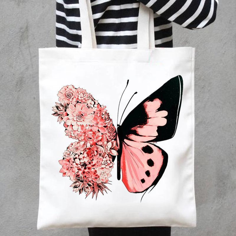 Women's Canvas Printing Heart Shape Butterfly Streetwear Square Open Canvas Bag