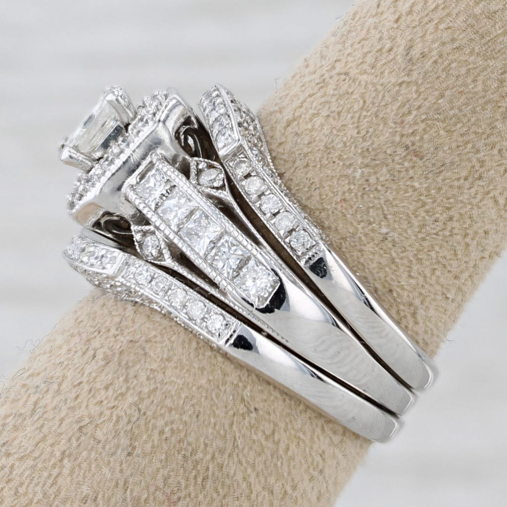 1.45ctw Diamond Halo Engagement Ring Wedding Band Bridal Set 14k White Gold