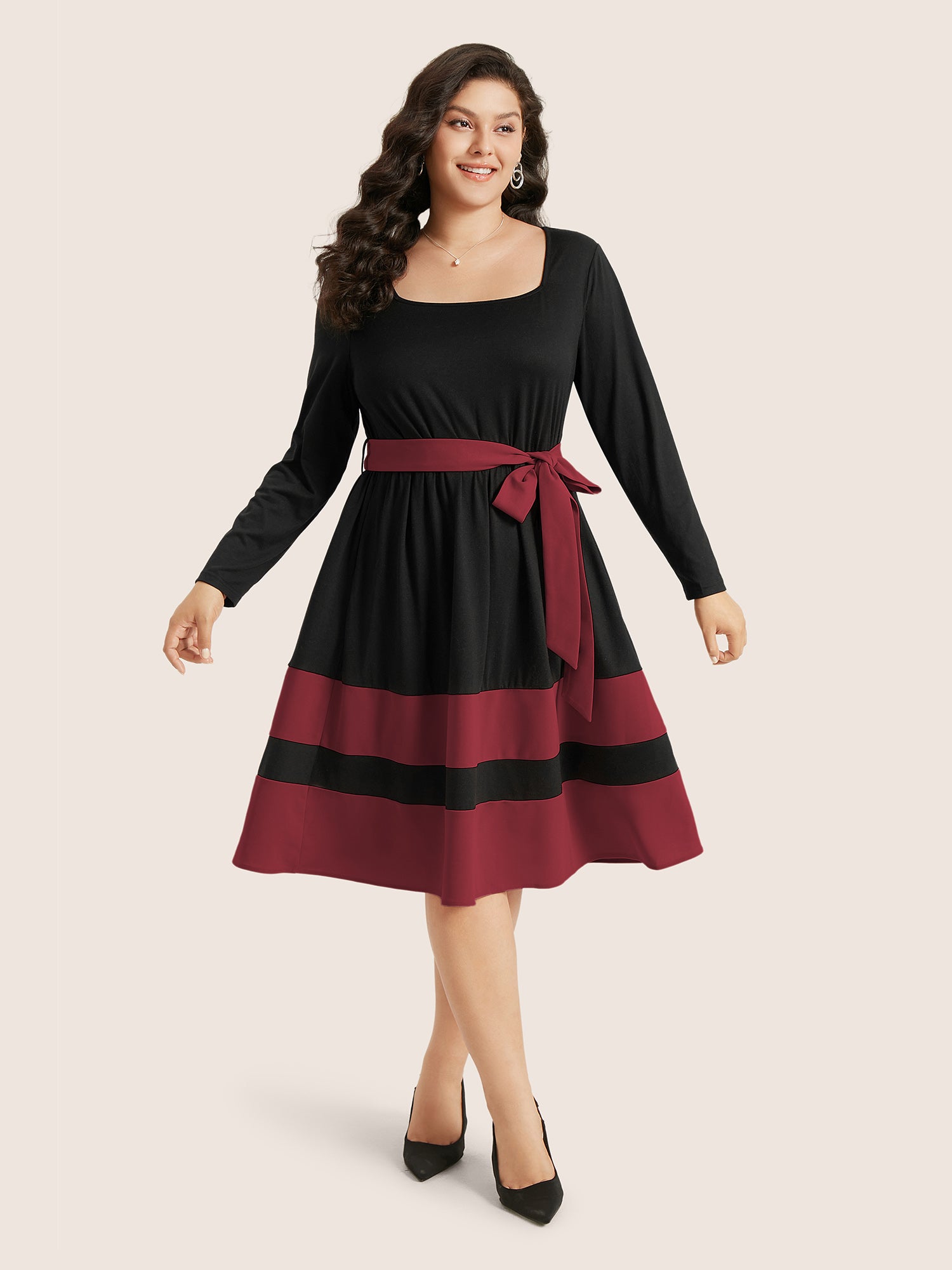 Two Tone Belted Bowknot Square Neck Dress