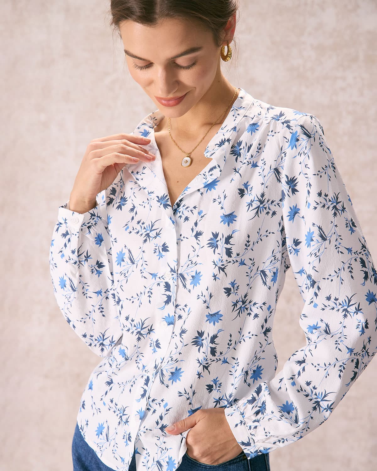 The White Mock Neck Leaf Print Button Shirt