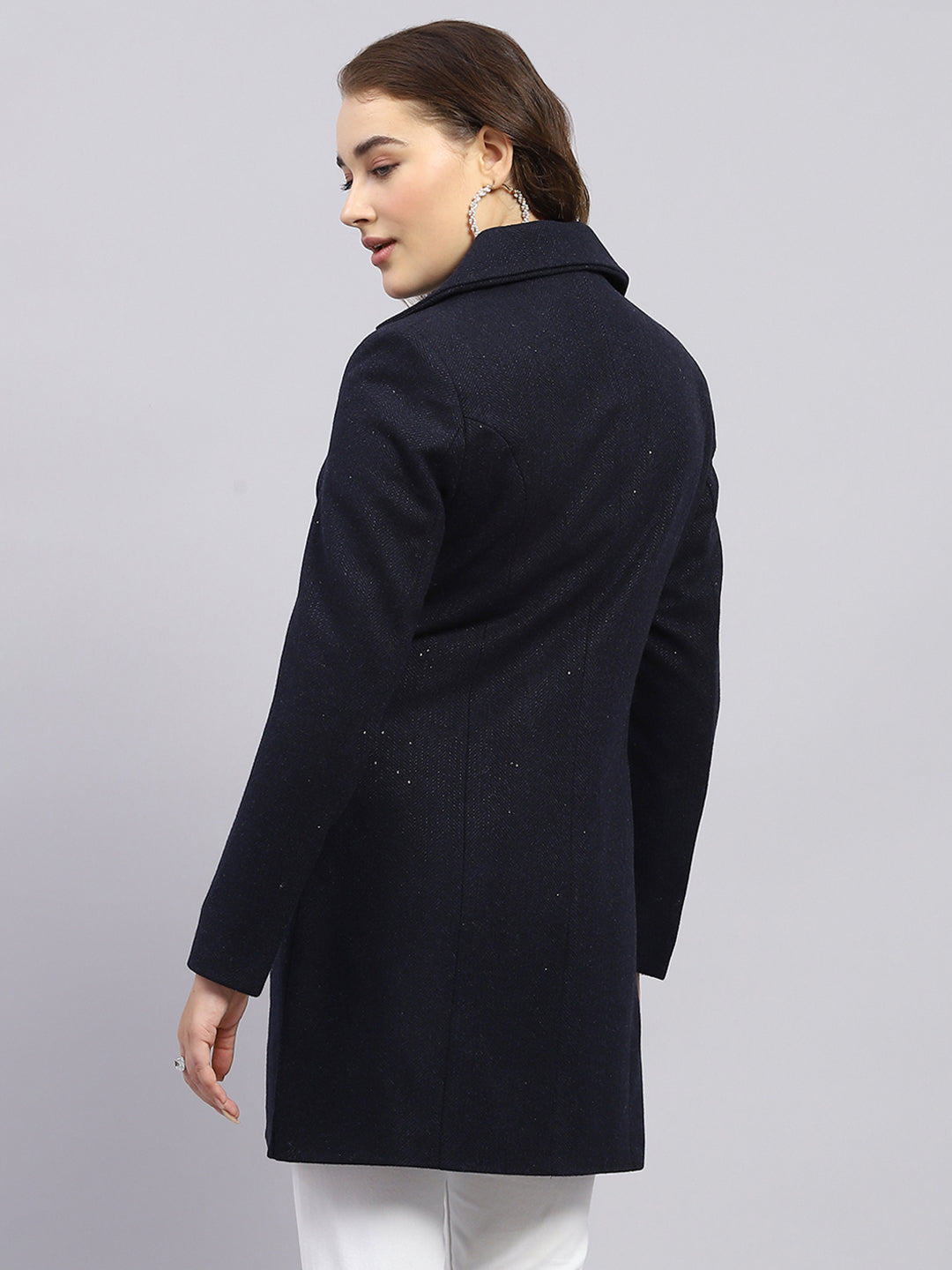 Women Navy Blue Self Design Notch lapel Collar Full Sleeve Coat