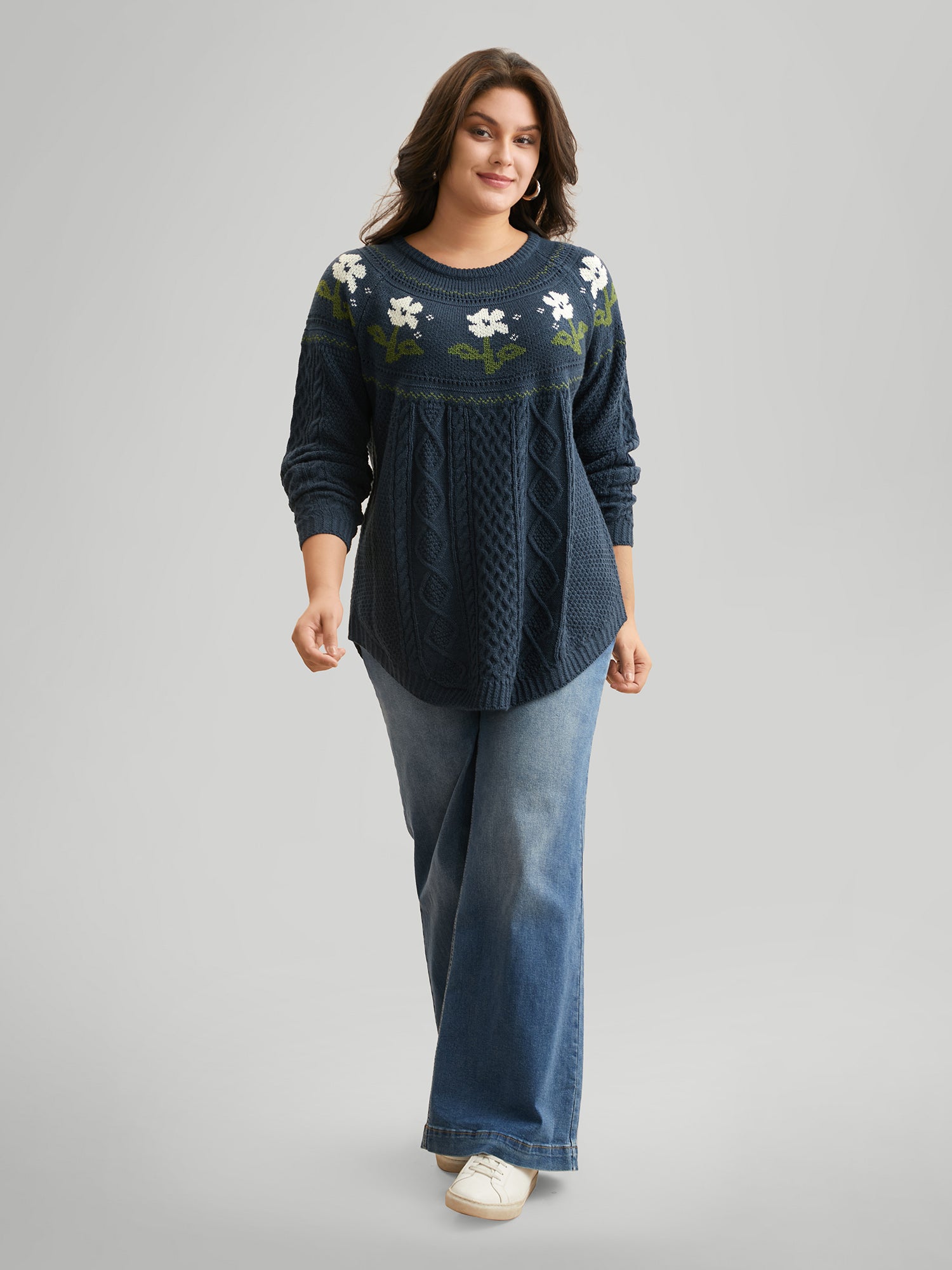 Floral Jacquard Raglan Sleeve Pullover