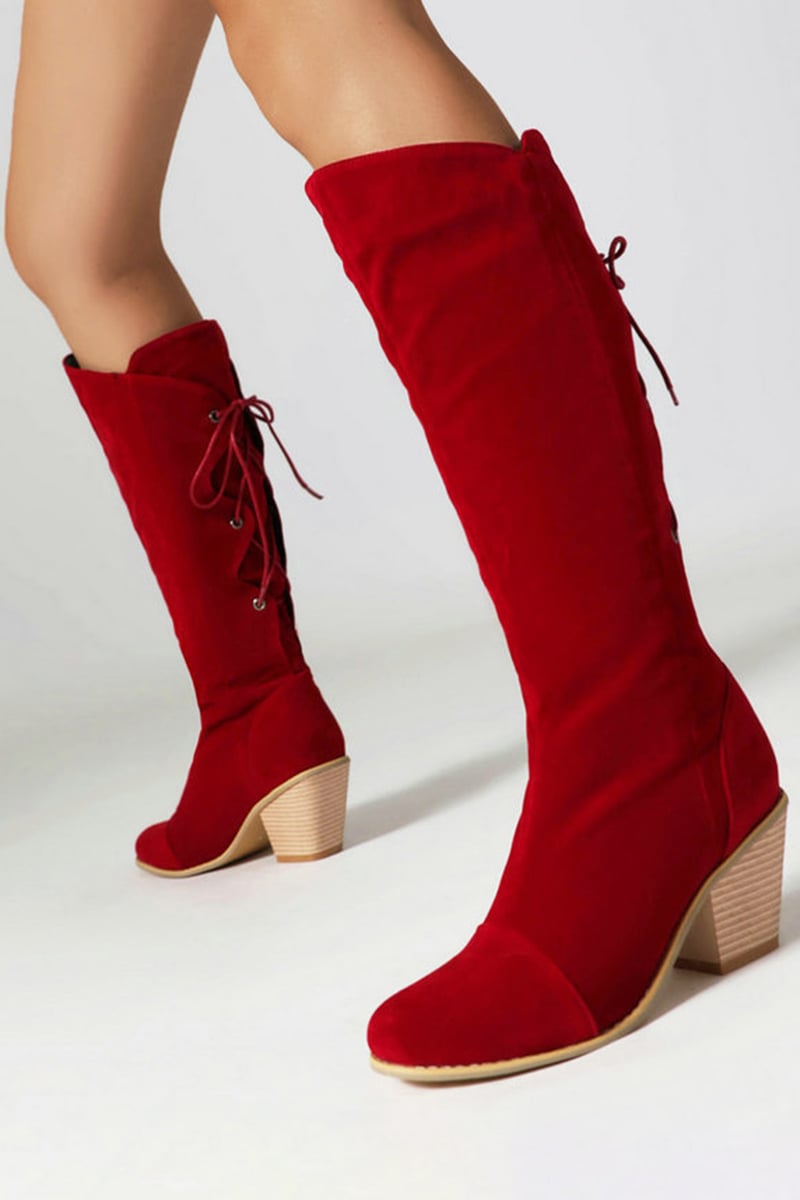 Patchwork Lace Up Round Toe Chunky Heels Knee High Boots
