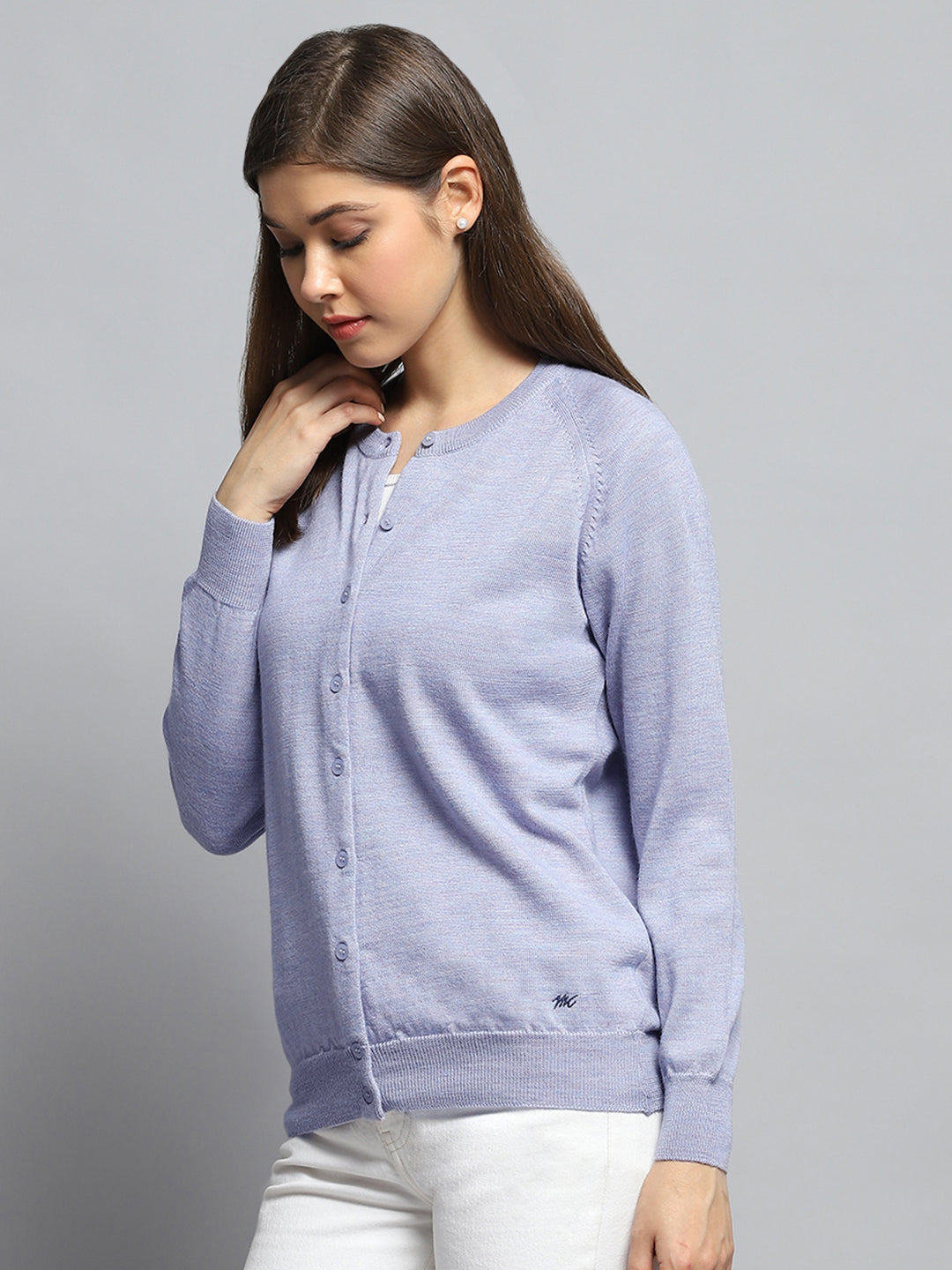 Women Purple Solid Round Neck Full Sleeve Cardigan