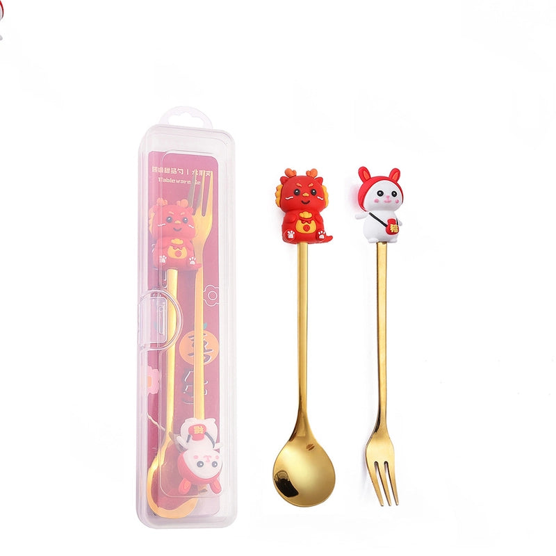 Christmas Cute Animal Santa Claus Stainless Steel Tableware 2 Pieces