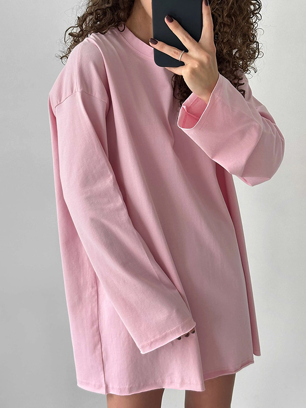 Long Sleeves Loose Solid Color Round-Neck T-Shirts Tops