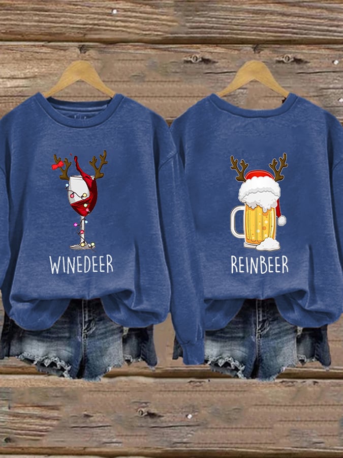 Retro Christmas Winedeer Reinbeer Print Sweatshirt