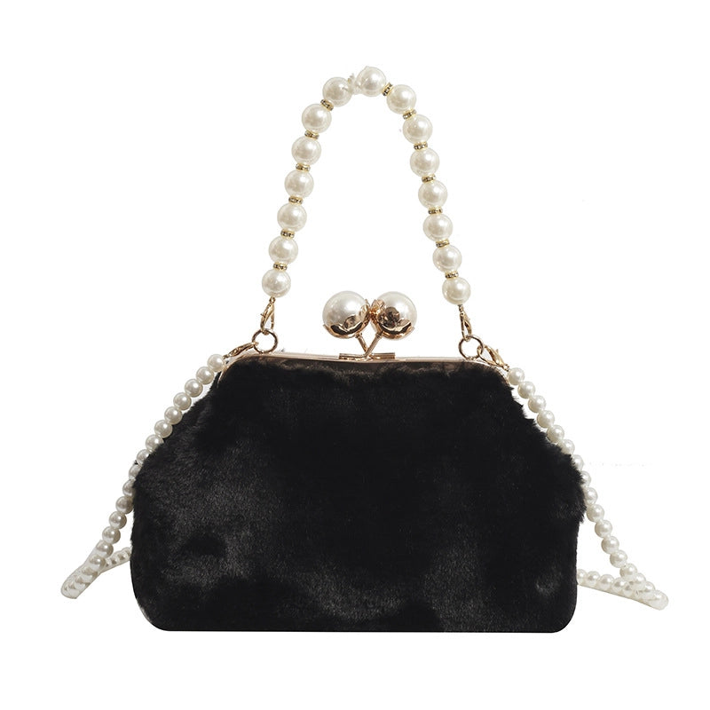 Women's Plush Solid Color Elegant Basic Shell Lock Clasp Shoulder Bag Handbag