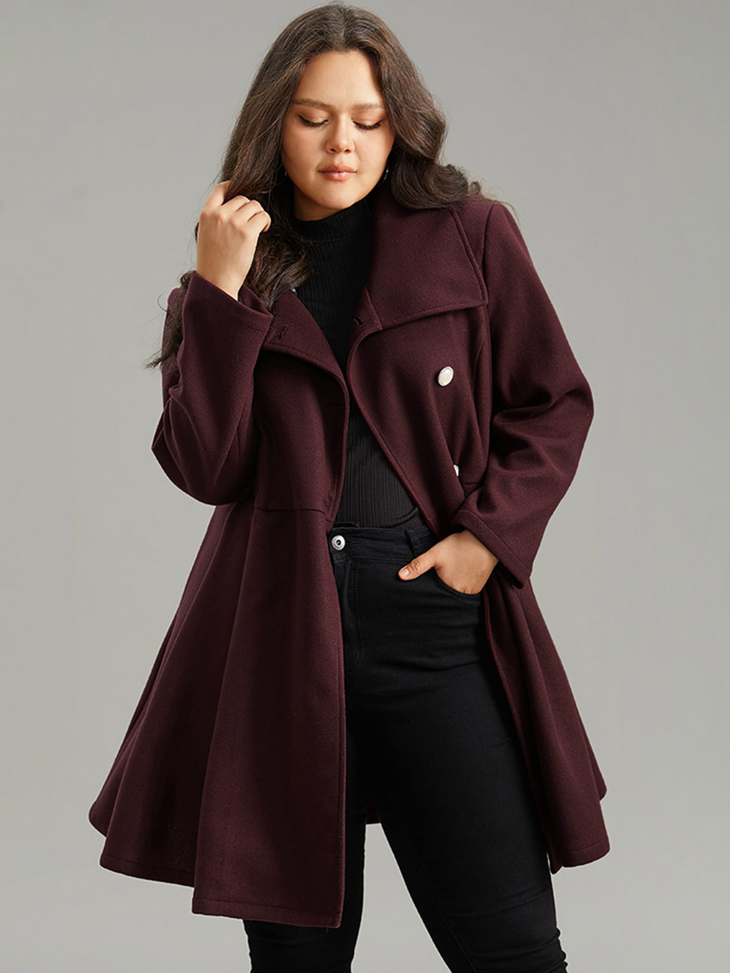 Plain Button Up Pocket Asymmetrical Lapel Collar Coat