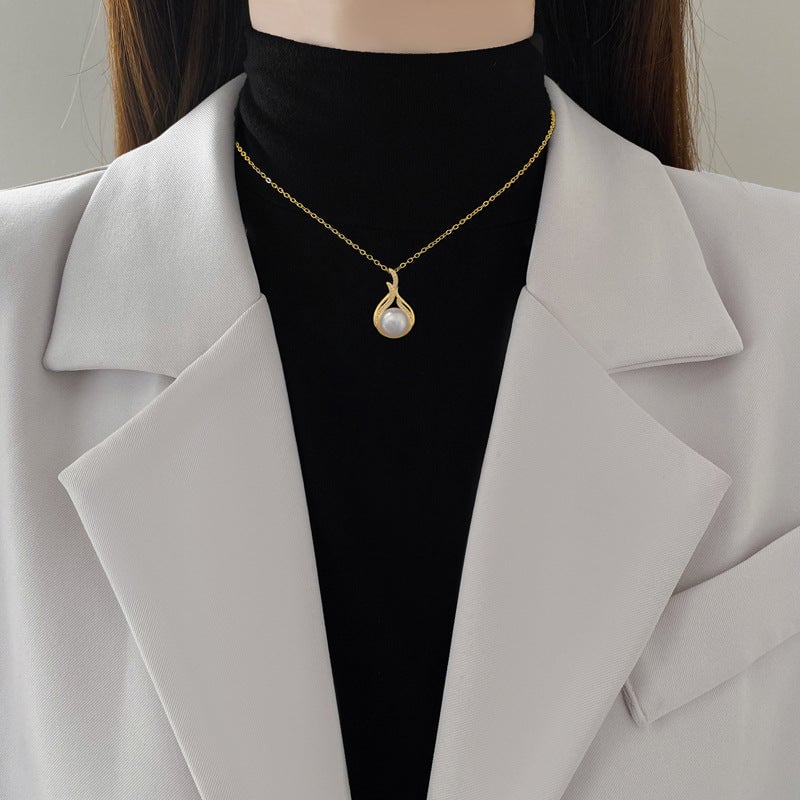 Fishtail Pearl Full Diamond Fashion Gorgeous Full Diamond Necklace Female Versatile Clavicle Chain Titanium Steel