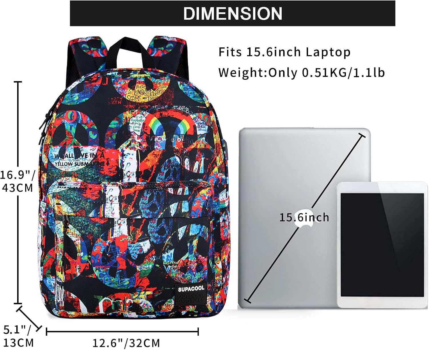 SUPACOOL Casual Laptop Backpack for Men and Women, School Backpack for Boys and Girls, College Bookbag, USB Charging Port, Lightweight Back Pack(Black)