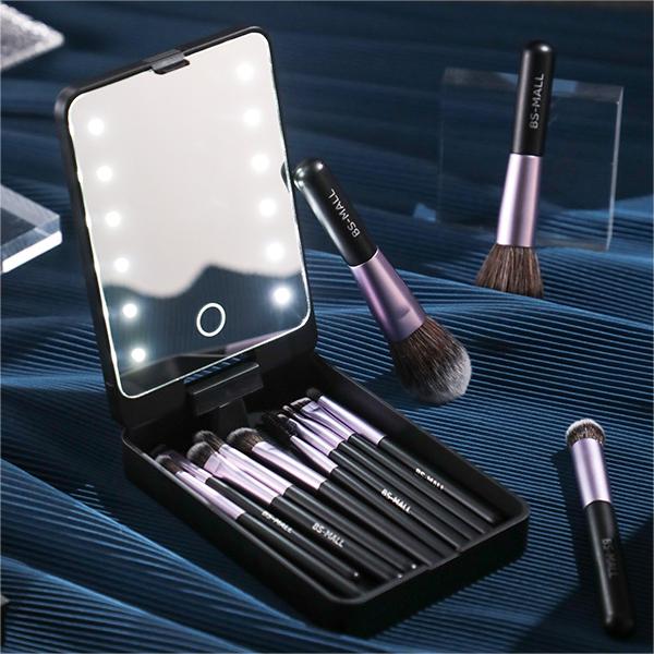 ✨Travel Makeup Brush Set With LED Light Mirror (🔥14PCS Brushes And 🎁Free Makeup Sponge)