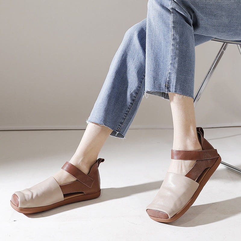 Leather Sandals Square Toe Touch-strap in Brown/Beige/Black