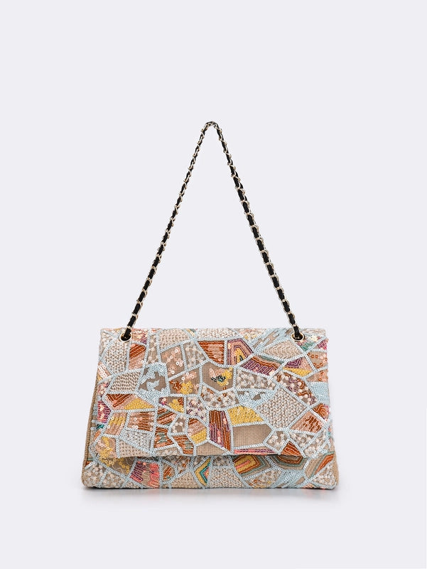 10 Pieces Women's Large Hemp Material Flower Elegant Sequins Square Flip Cover Crossbody Bag