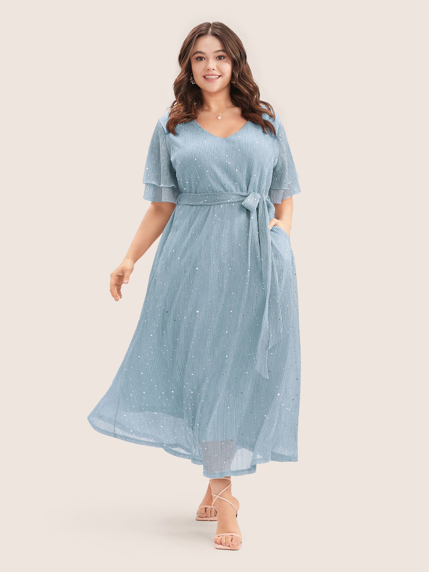 Plain V Neck Mesh Pocket Ruffle Tiered Belted Midi Dress