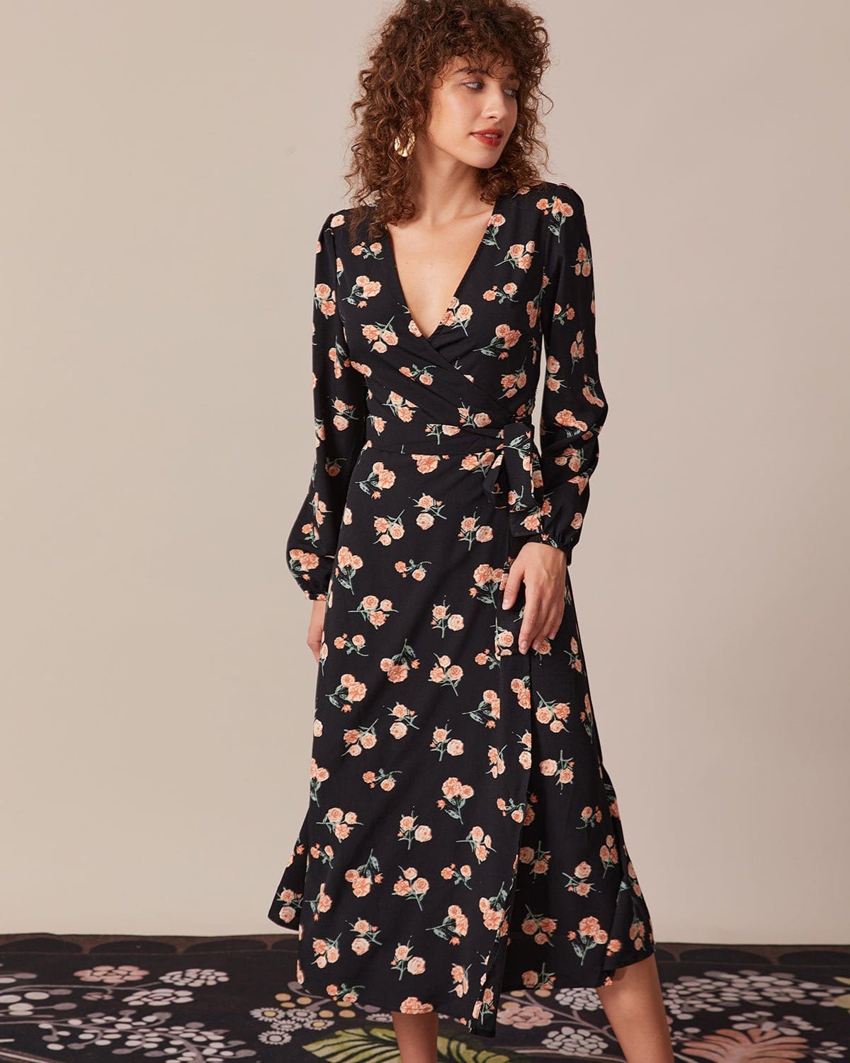 The Black V Neck Floral Wrap Midi Dress