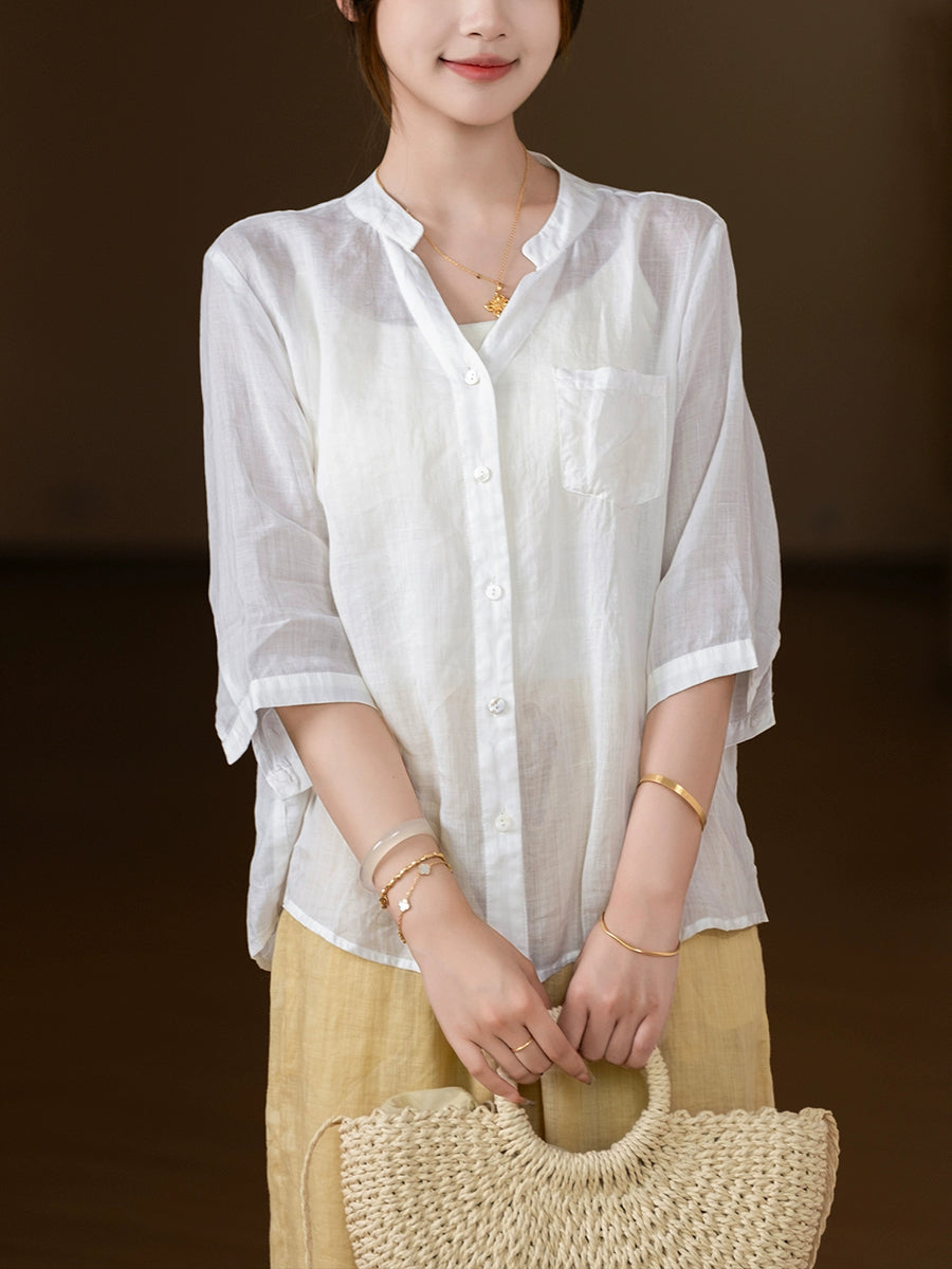 Women Summer Vintage Pure Color V-Neck 100%Ramie Shirt