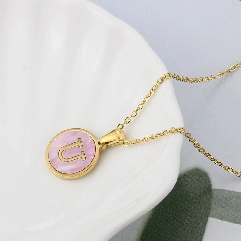 Minimalist Letter Titanium Steel Plating Inlay Shell Pendant Necklace