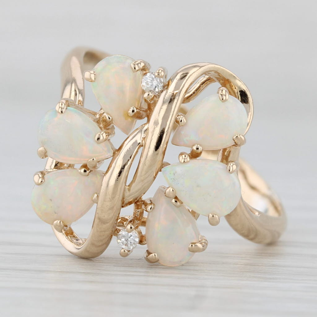 Opal Diamond Cluster Ring 14k Yellow Gold Size 10 Pear Cabochons