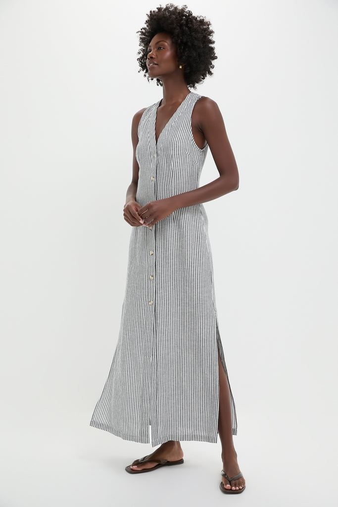 Deep Navy Striped Air Linen Button Down Maxi Dress